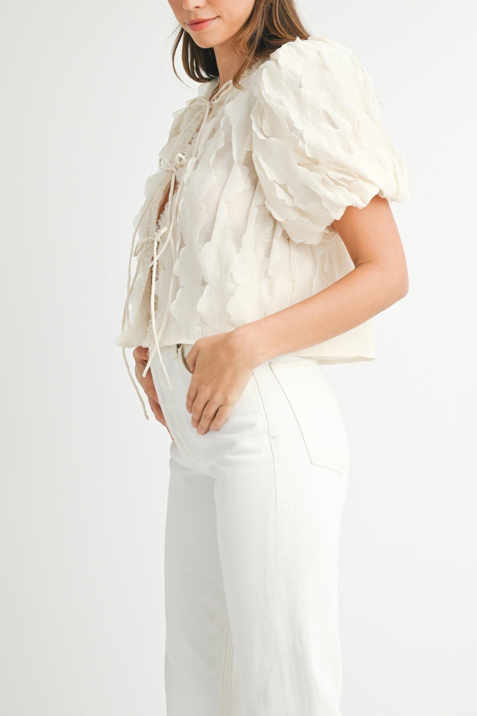 Textured Scallop Puff Sleeve Blouse Top Product Image