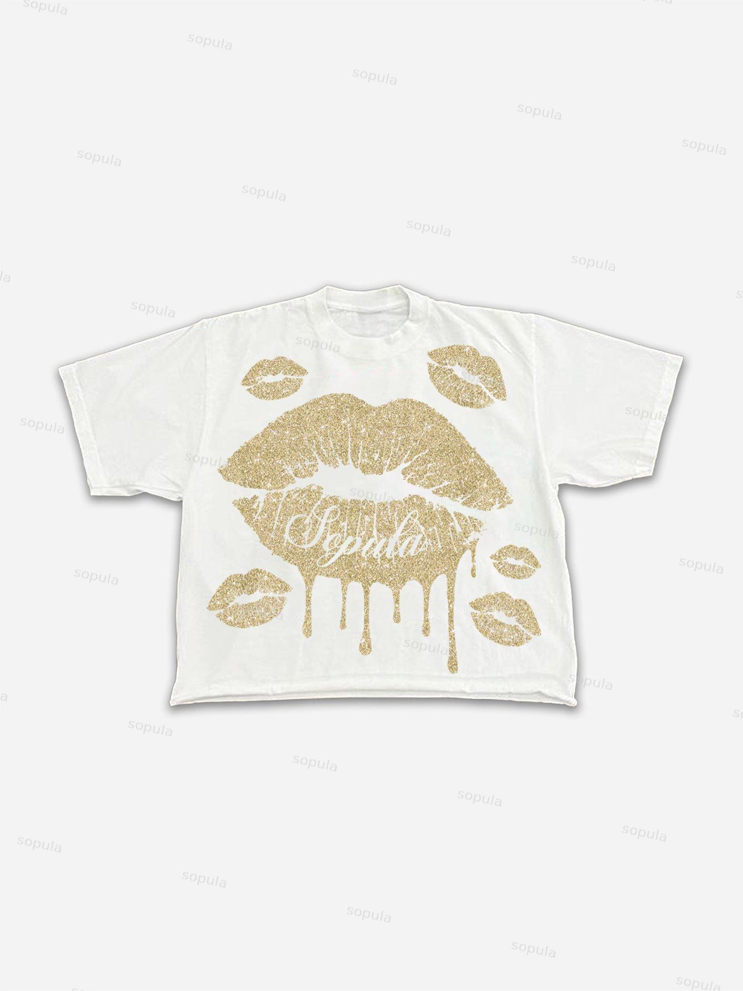 Glitter Fluid Lips Graphic Cropped T-shirt Product Image