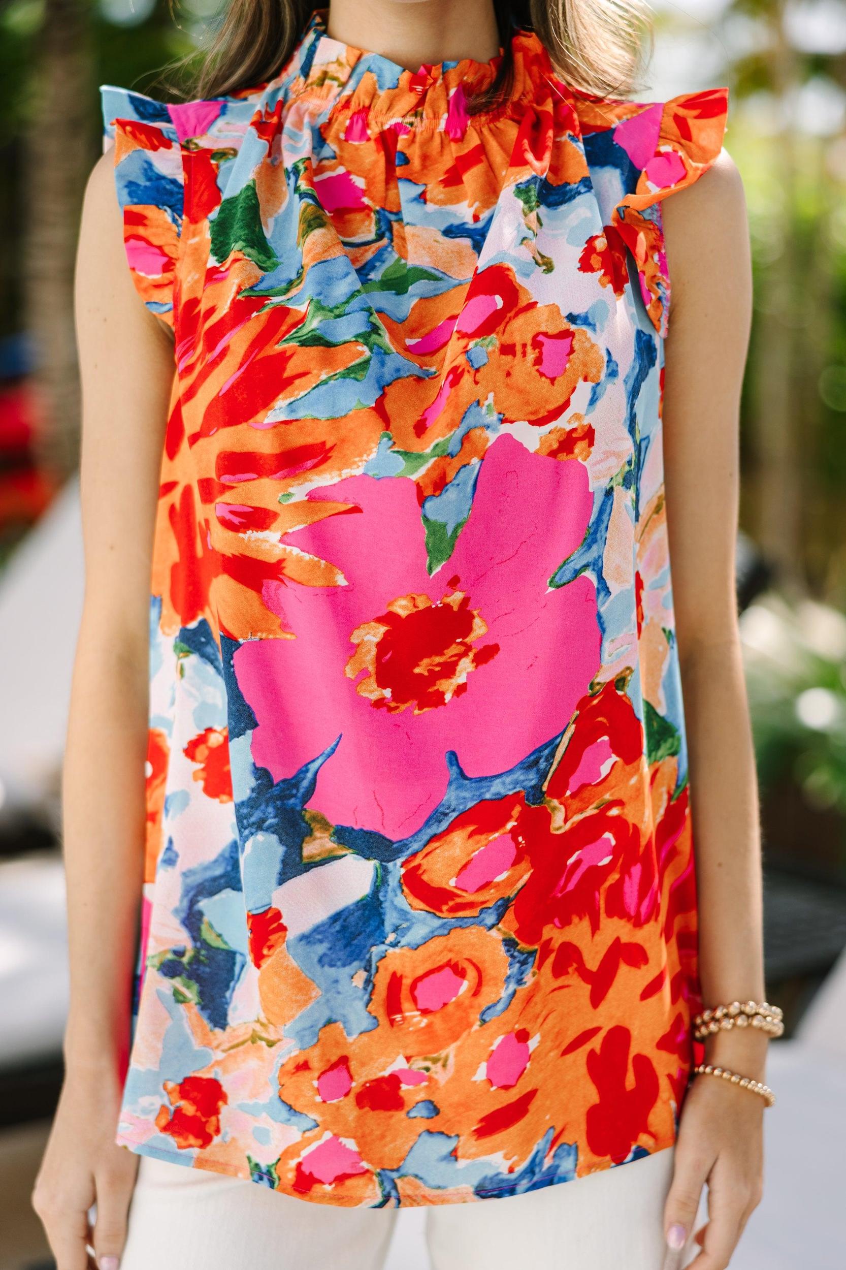 Put It To The Test Coral Orange Floral Tank Female Product Image