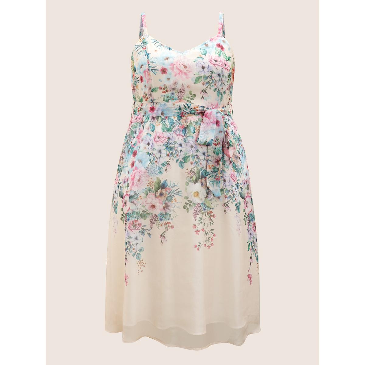Plus Size Floral Mesh Elastic Waist Belted Cami Dress Champagne Women Elegant Belted U-neck Sleeveless Curvy BloomChic 30/6X Product Image
