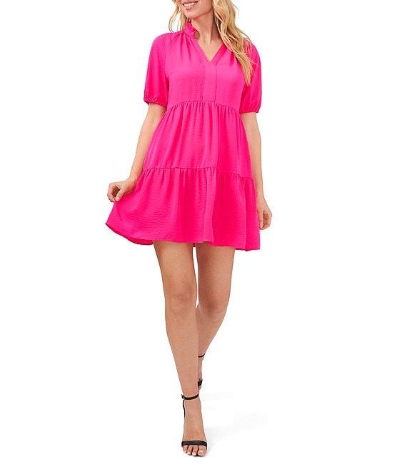 CeCe Ruffle Mock V-Neck Short Puffed Sleeve Tiered Mini Dress Product Image