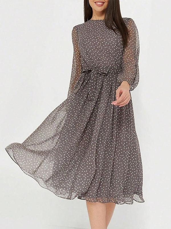 A-Line High Waisted Polka-Dot Tied Waist Round-Neck Midi Dresses Product Image