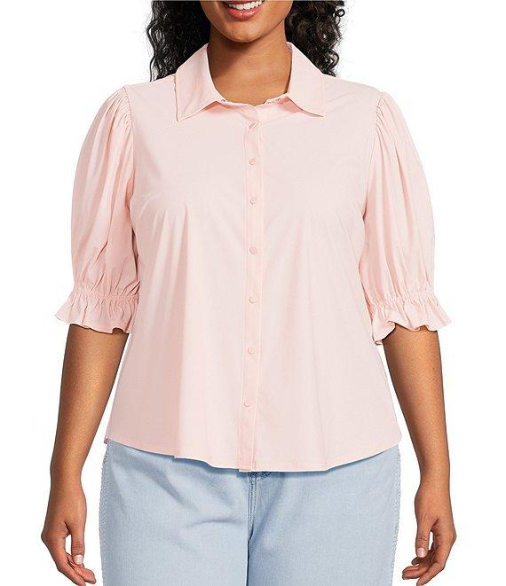Liverpool Los Angeles Plus Size Tech Knit Point Collar Short Puff Ruffle Cuff Sleeve Button Front Shirt Product Image
