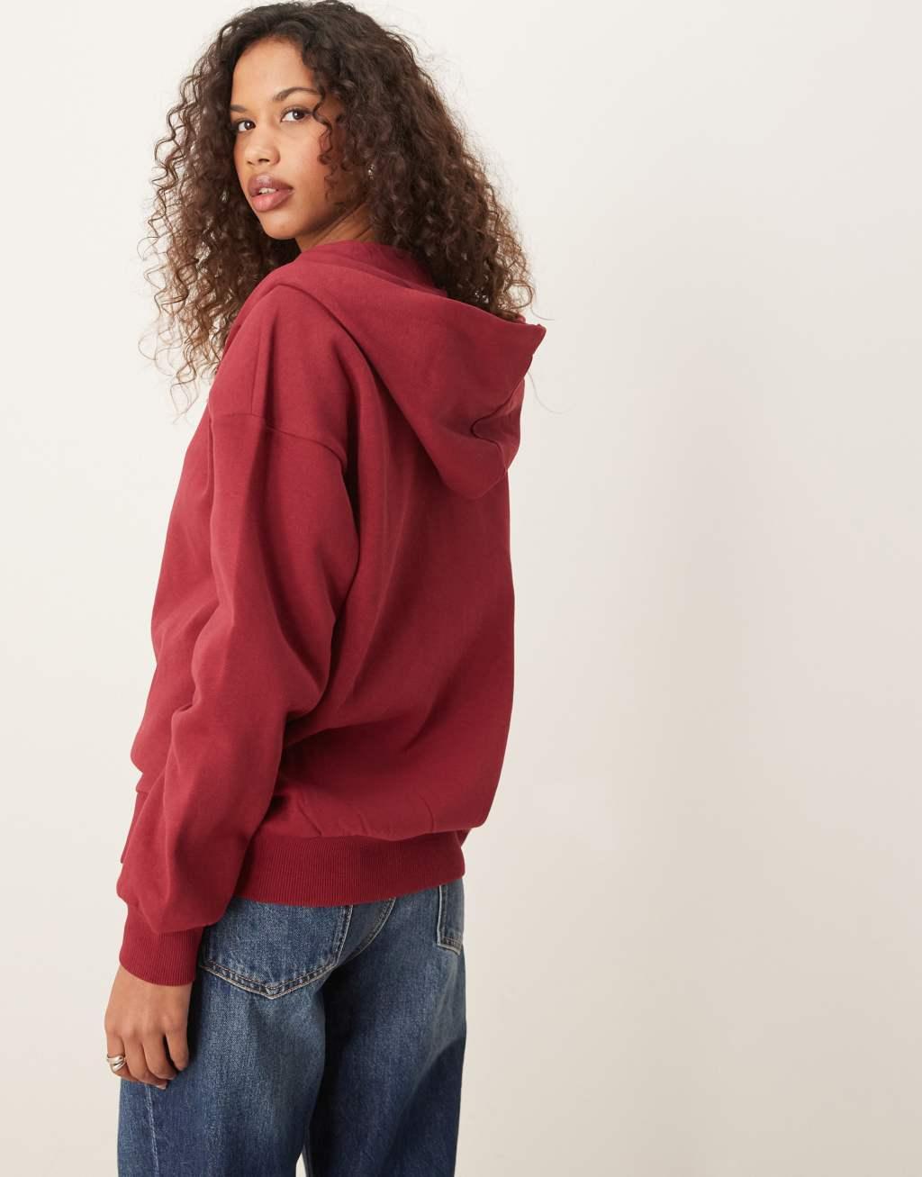 GINA TRICOT zip up oversized hoodie in burgundy Product Image