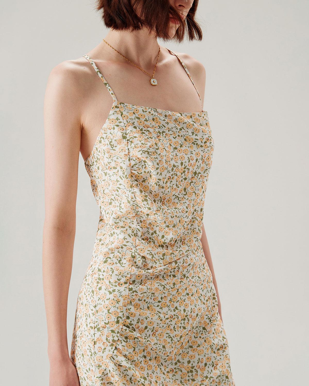 Yellow Floral Ruched Slip Midi Dress Product Image