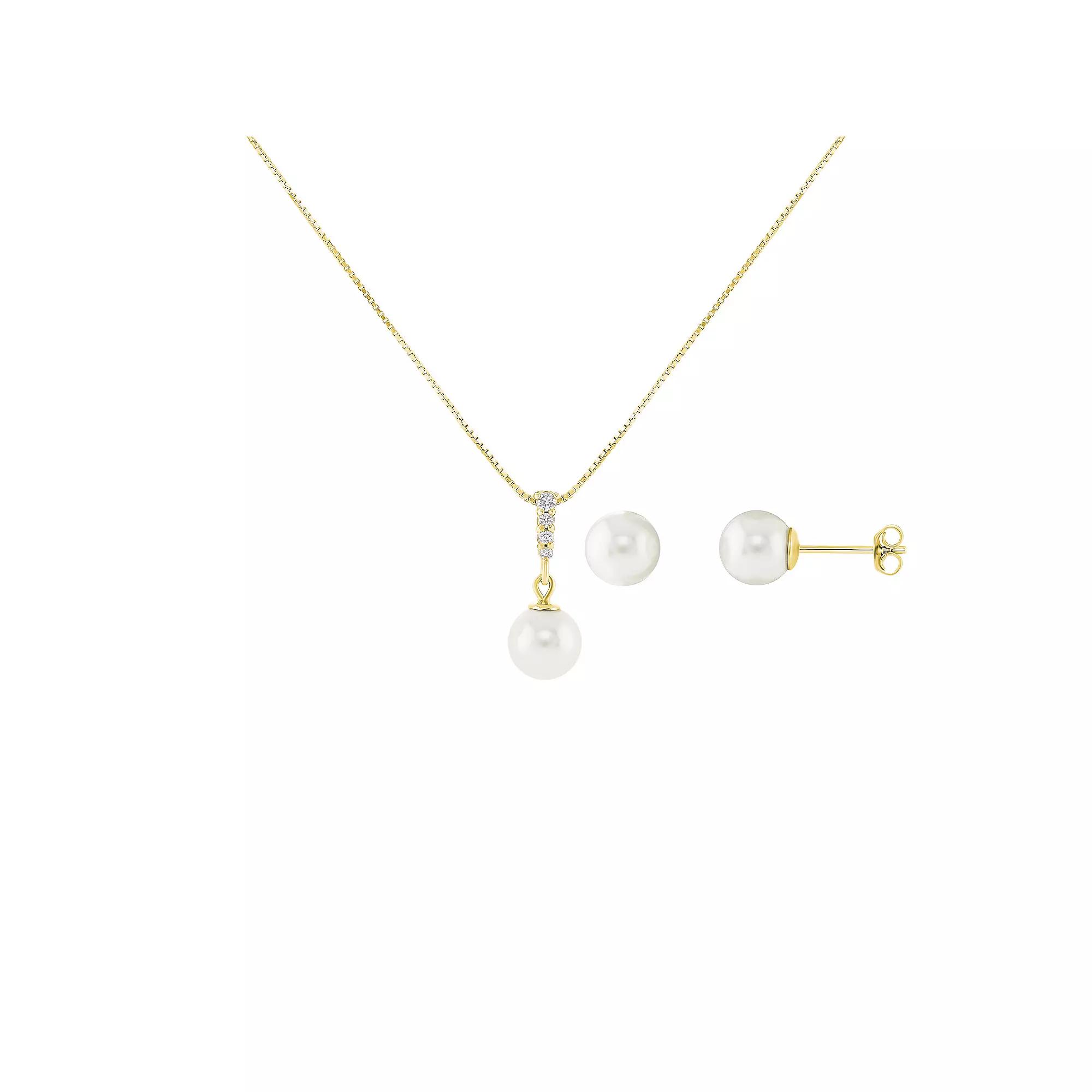 PRIMROSE Sterling Silver Simulated Pearl & Cubic Zirconia Pendant Necklace & Stud Earrings Set, Women's, Size: 18", Gold Tone White Product Image