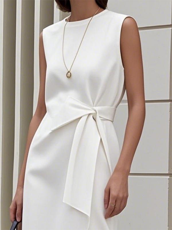 Sleeveless Solid Color Tied Waist Round-Neck Midi Dresses Product Image