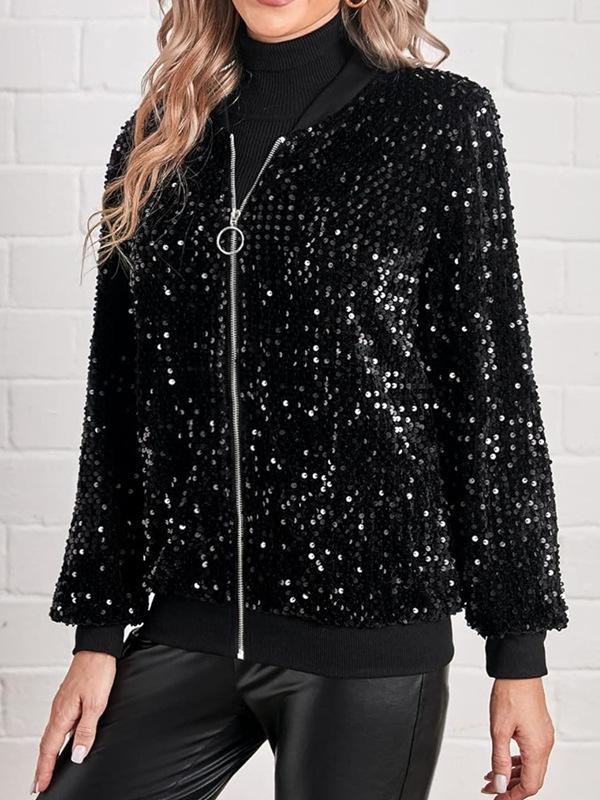 Long Sleeves Loose Sequined Solid Color Split-Joint Round-Neck Jackets Outerwear Product Image
