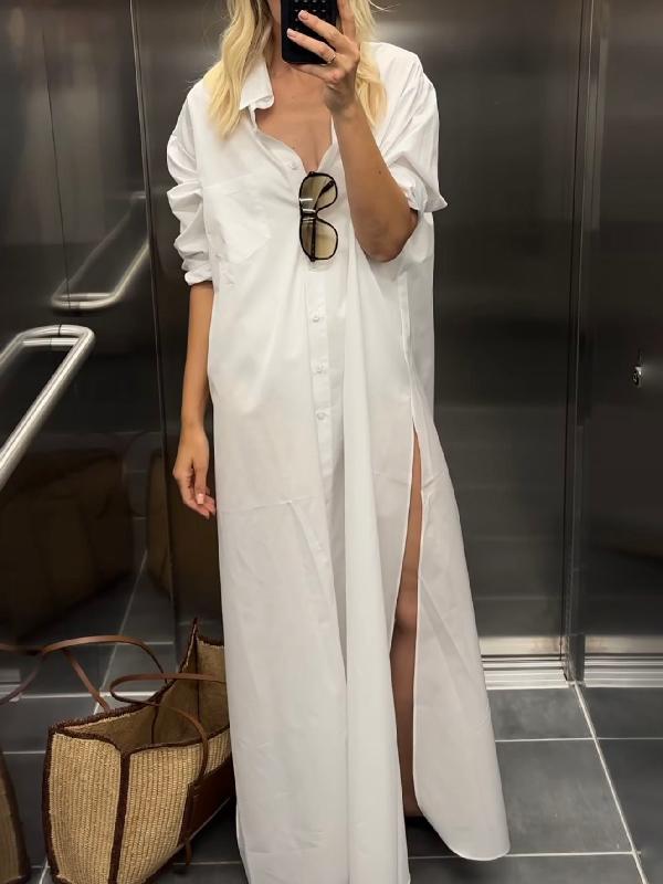 Long Sleeves Loose Buttoned Solid Color Split-Side Lapel Maxi Shirt Dress Product Image