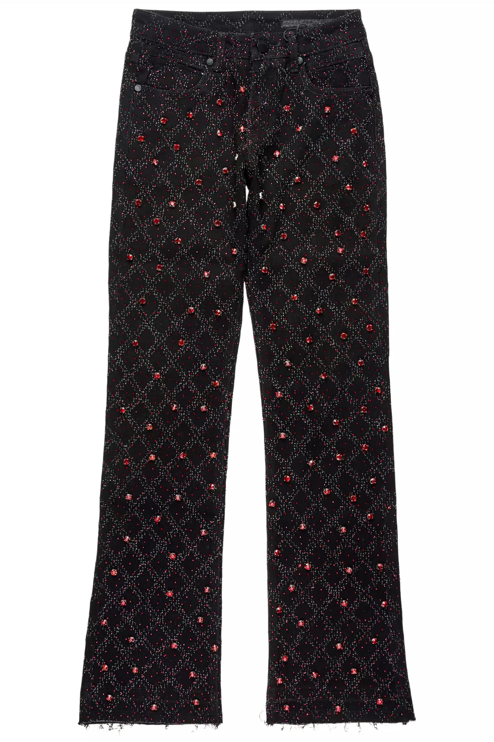 Sareka Black/Red Rhinestone Stacked Flare Jean Female Product Image