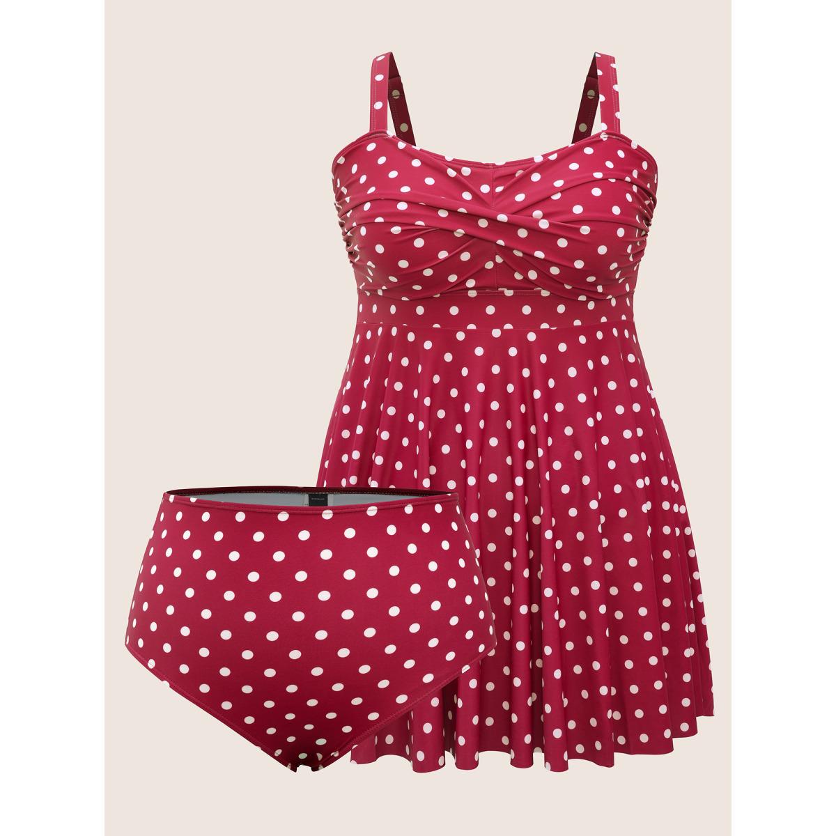 Plus Size Polka Dot Crossover Ruched Flutter Hem Swim Dress Women's Swimwear Russet Beach Bodycon Strapless High stretch Curve Swim Dresses BloomChic 26/4X Product Image