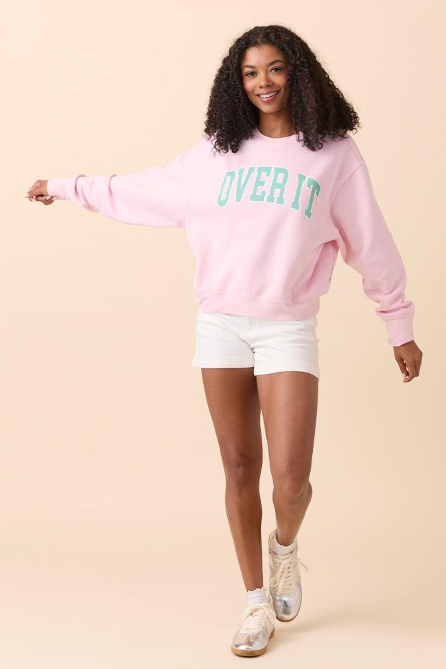 Over It Soft Pink Raw Hem Fleece Graphic Sweatshirt Product Image