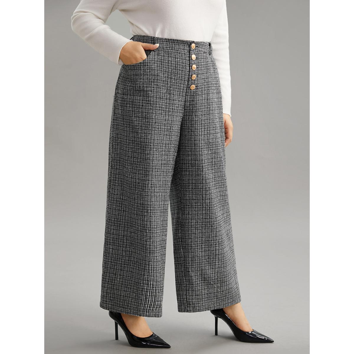 Plus Size Gingham Textured Metal Detail Wide Leg Pants Women Black Office Wide Leg High Rise Office Pants BloomChic 26/4X Product Image