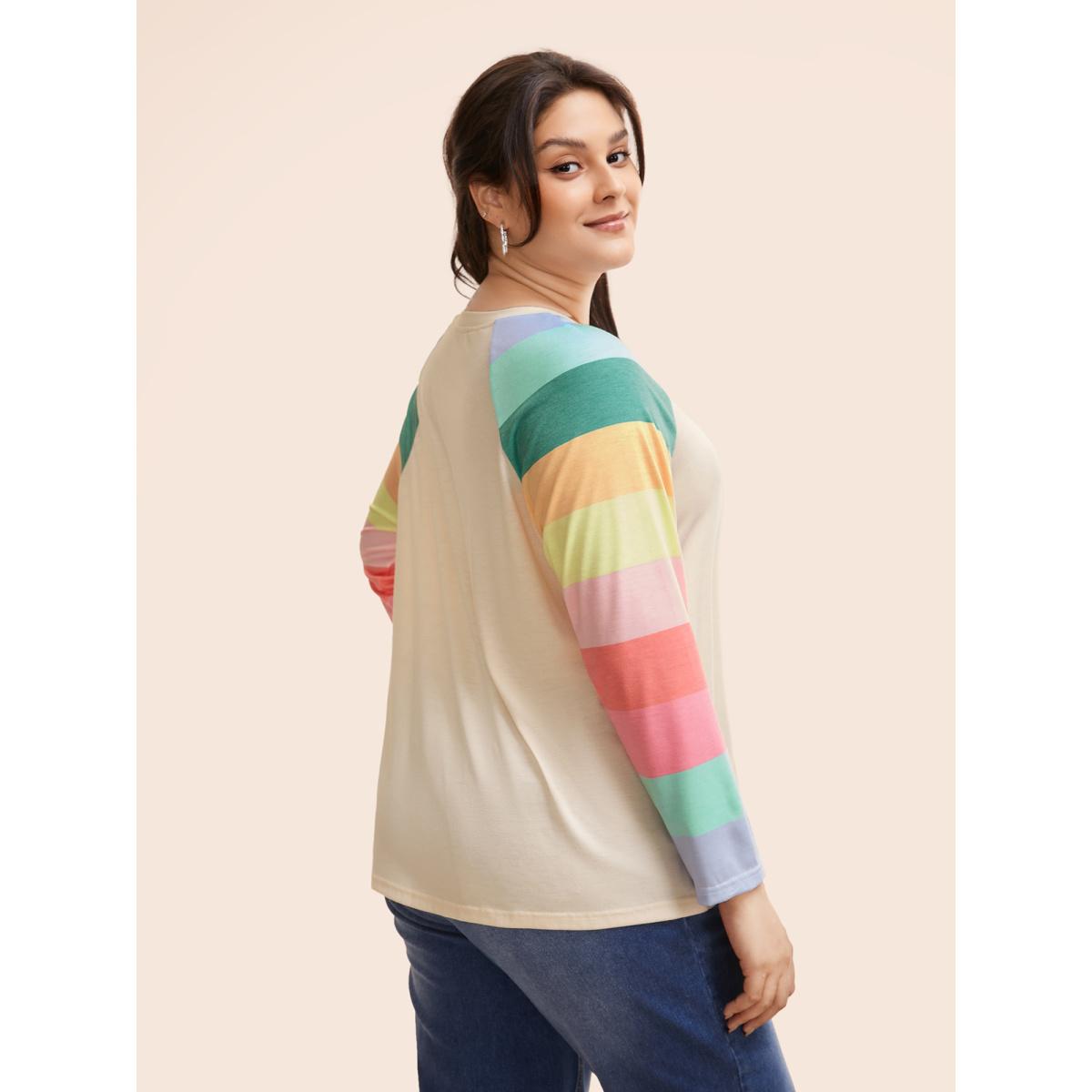 Plus Size Multi-color Striped Sleeves Loose Fit T-shirt Beige Women Casual Contrast Round Neck Everyday T-shirts BloomChic 12/L Product Image