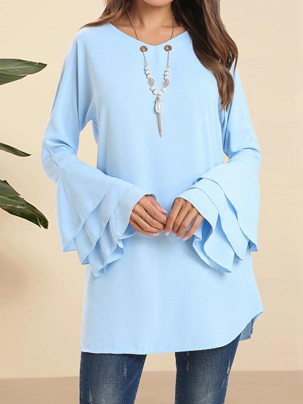 Flared Sleeves Loose Hollow Layered V-Neck Blouses&Shirts Tops Product Image