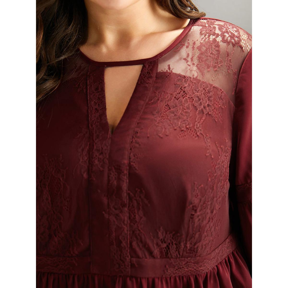 Plus Size Burgundy Anti-Wrinkle Keyhole Crochet Lace Mesh Ruffles Blouse Women Elegant Long Sleeve Keyhole Cut-Out Dailywear Blouses BloomChic 18-20/2X Product Image
