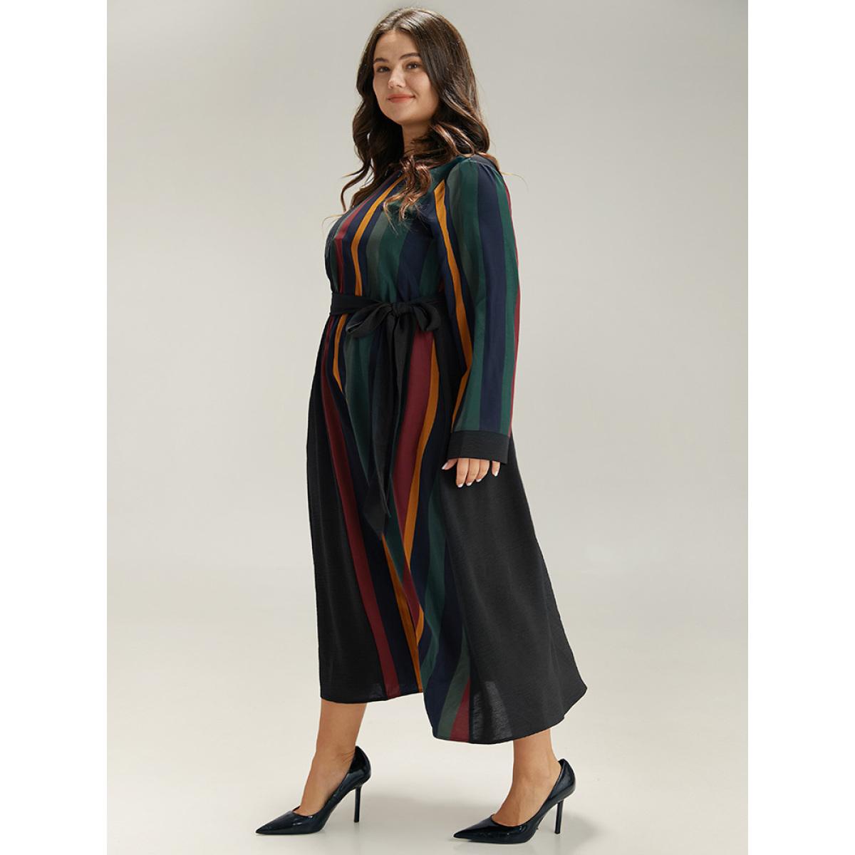 Plus Size Striped Pocket Patchwork Belted Elastic Waist Dress Black Women Office Belted Round Neck Long Sleeve Curvy Midi Dress BloomChic 14-16/1X Product Image
