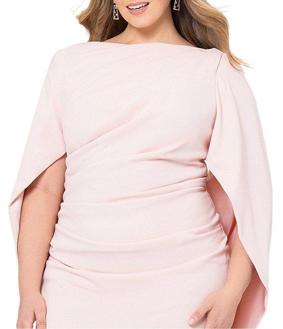 Betsy & Adam Plus Size Round Neck Draped Back 3/4 Sleeve Ruched Front Stretch Sheath Dress Product Image