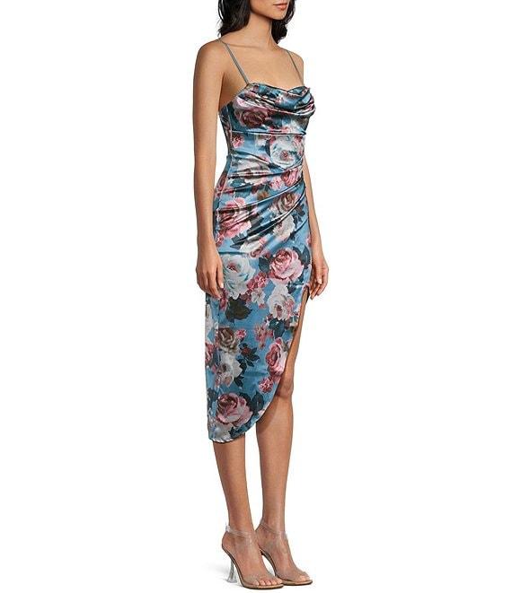 Honey and Rosie Floral Print Stretch Satin Cowl Neck Corset Inspired Asymmetrical Hem Dress Product Image