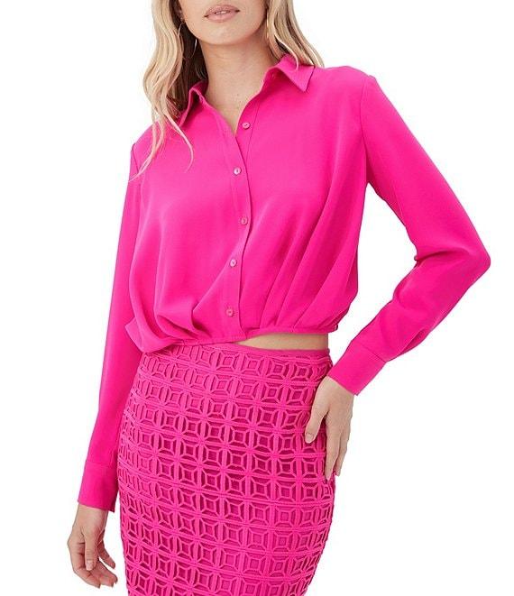 Trina Turk Renlee Georgette Collar Long Sleeve Cropped Button Down Shirt Product Image