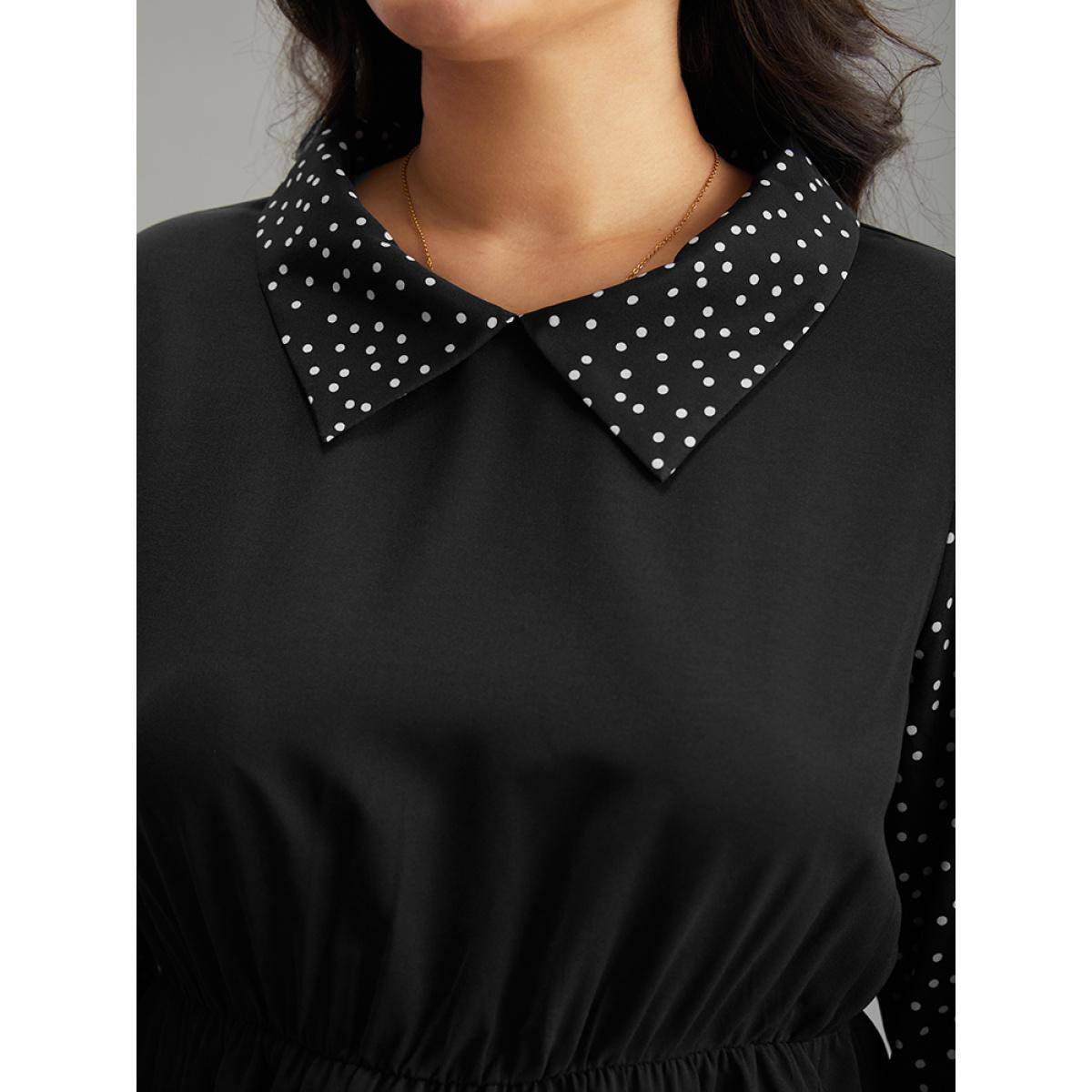 Plus Size Black Polka Dot Patchwork Lapel Collar Elastic Waist Blouse Women At the Office Long Sleeve Lapel Collar Office Blouses BloomChic 28/5X Product Image