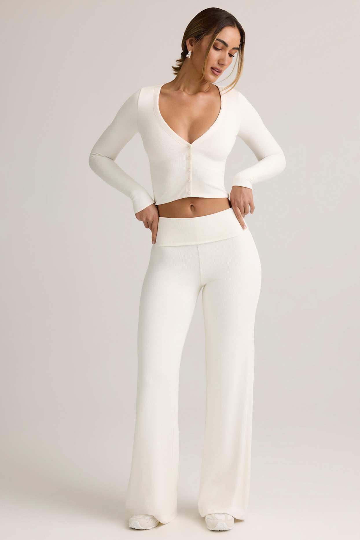 Modal Foldover Wide-Leg Trousers in White Product Image