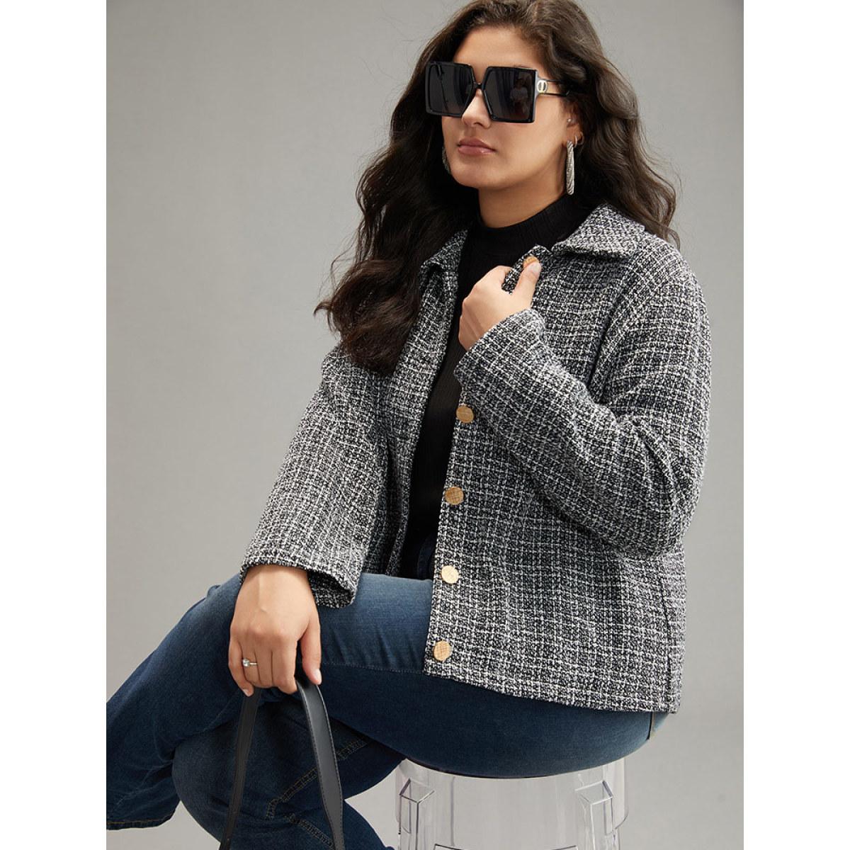 Plus Size Gingham Texture Lapel Collar Metal Detail Jacket Women Black Elegant Texture Ladies Everyday Winter Coats BloomChic 10/M Product Image