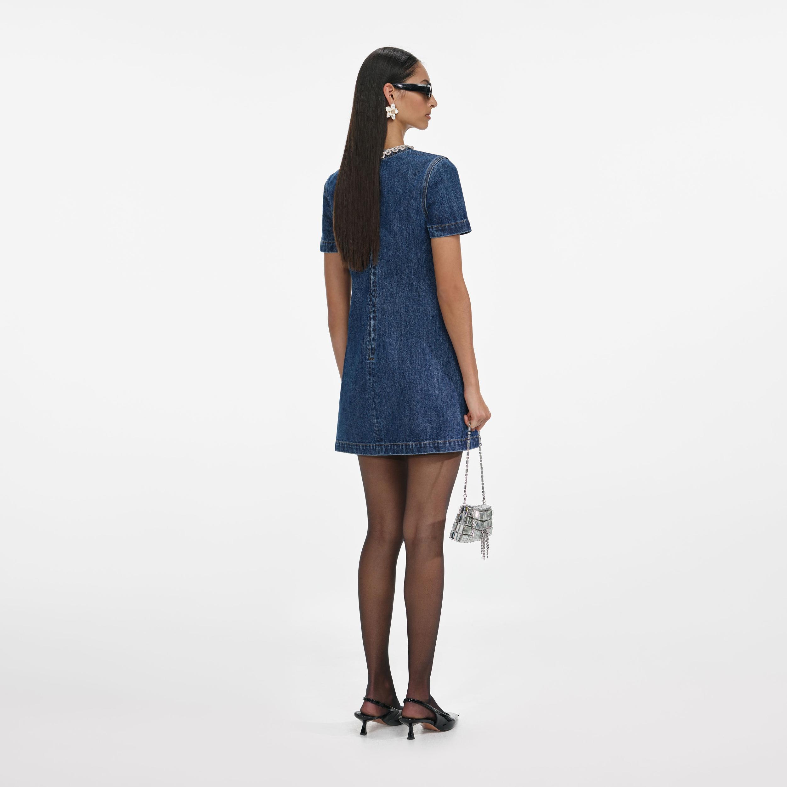 Denim Crystal Trim Mini Dress Product Image