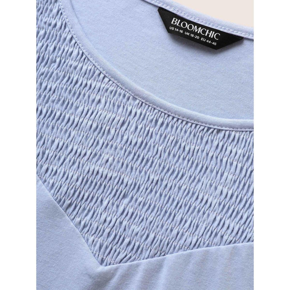 Plus Size Round Neck Shirred Ruffle Sleeve T-shirt LightBlue Women Casual Shirred Round Neck Everyday T-shirts BloomChic 14-16/1X Product Image