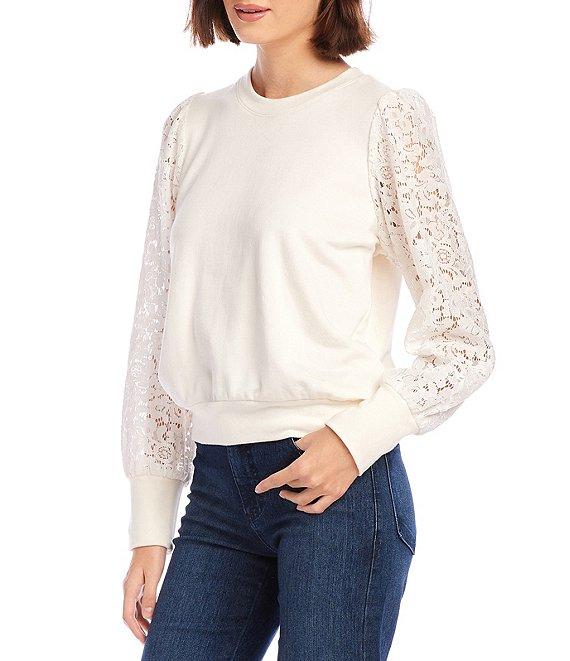 Karen Kane Crew Neck Long Contrast Lace Sleeve Top Product Image