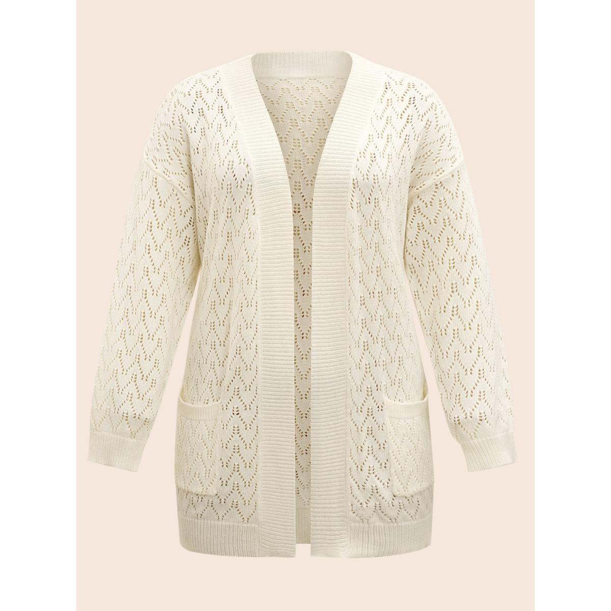 Plus Size Kimono Collar Patch Pocket Pointelle Knit Cardigan Beige Women Leisure Loose Long Sleeve Casual Cardigans BloomChic 14-16/1X Product Image