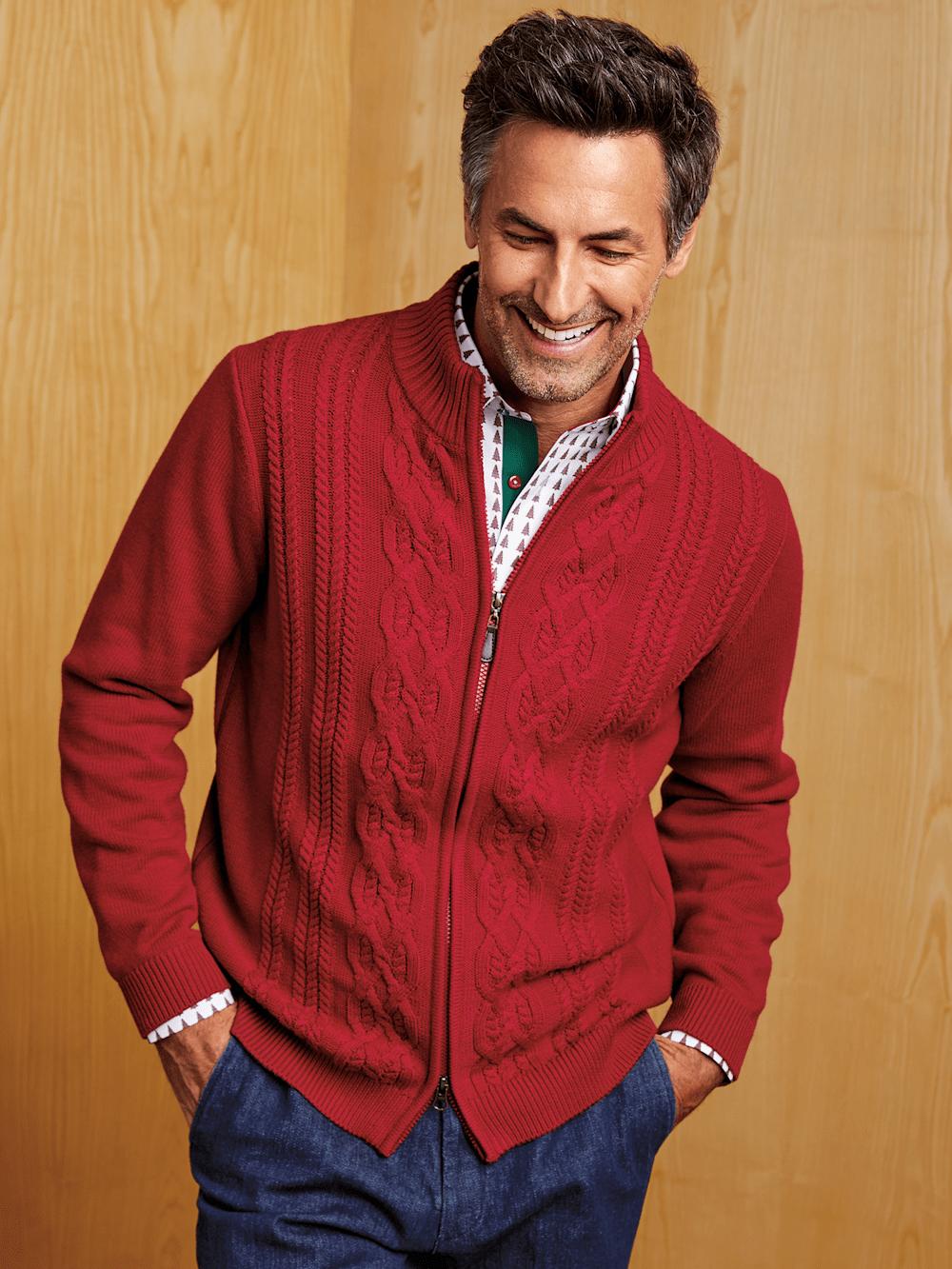 Cotton Cable Full Zip Mock Neck Sweater - Red Product Image