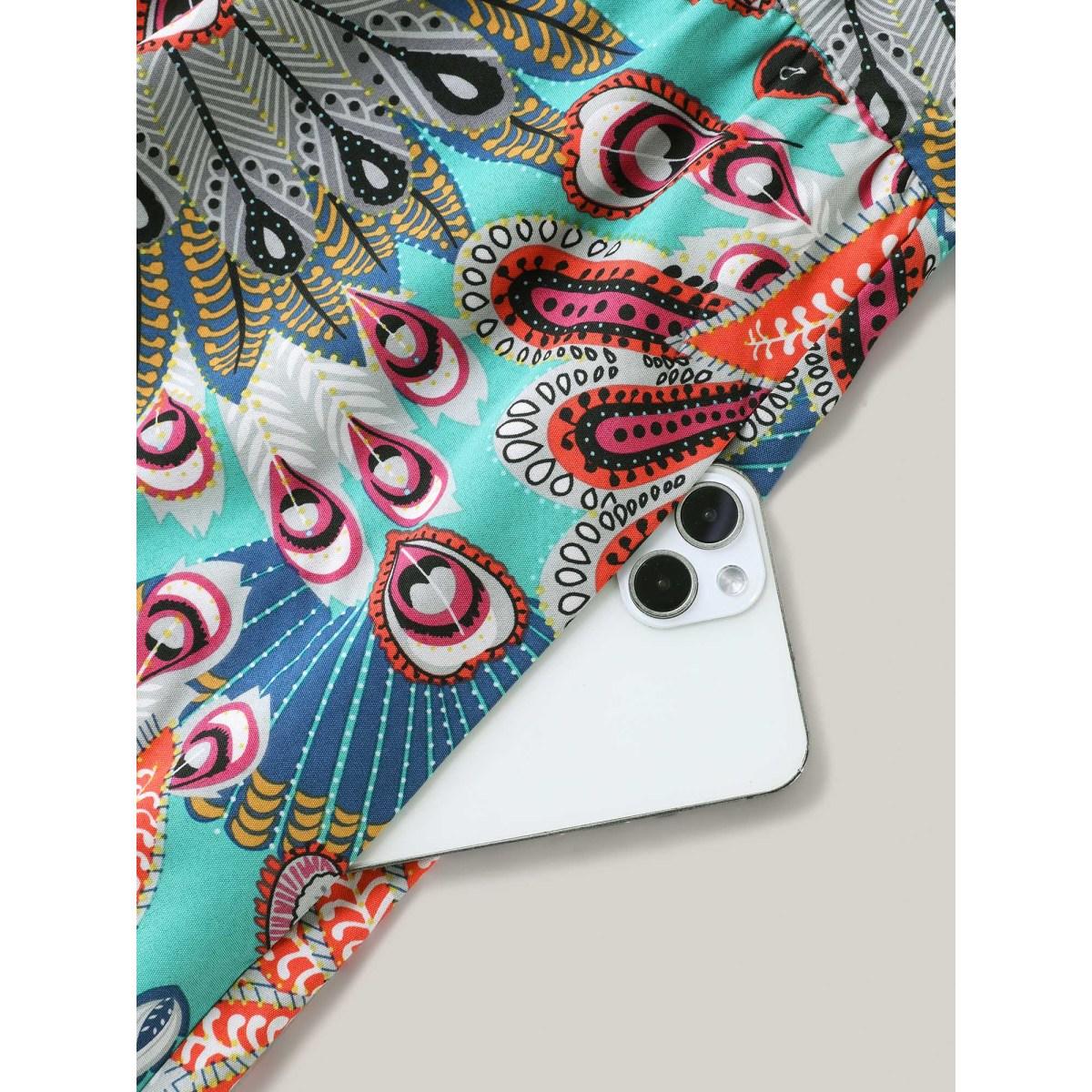 Plus Size Boho Floral Print Pockets Midi Dress Turquoise Women Drawstring V-neck Sleeveless Curvy BloomChic 14-16/1X Product Image