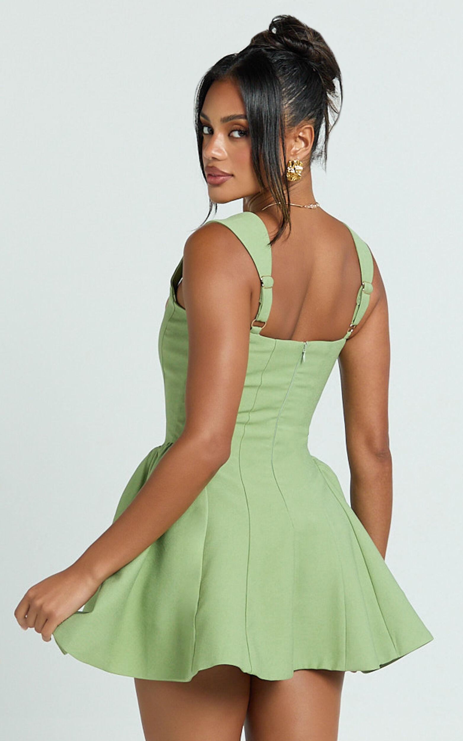 Kailee Mini Dress - Wide Strap Square Neck Fit And Flare Tulip Dress in Sage Product Image