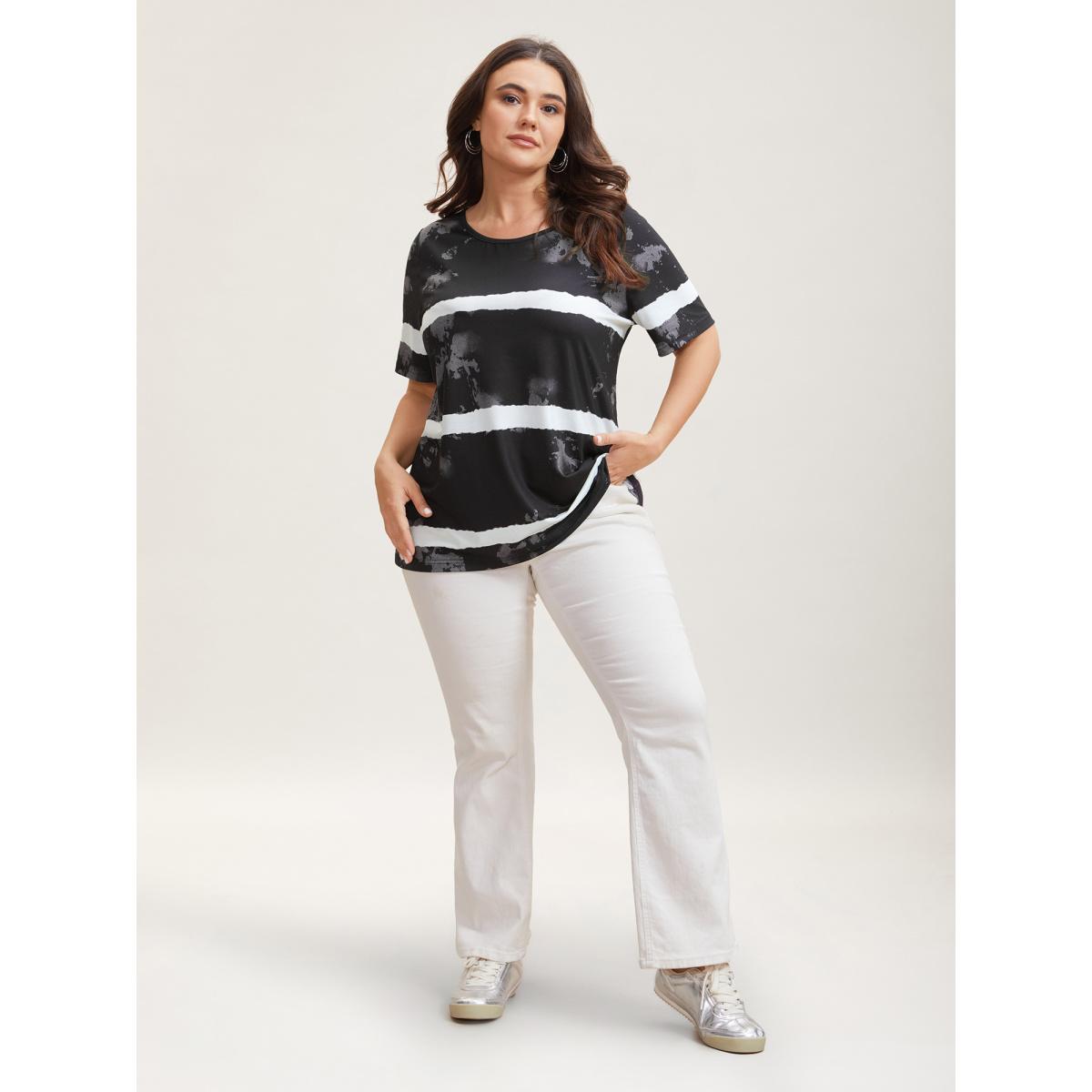 Plus Size Tie-Dye Gradient Stripes Round Neck T-Shirt Multicolor Women Casual Non Round Neck Everyday T-shirts BloomChic 30/6X Product Image