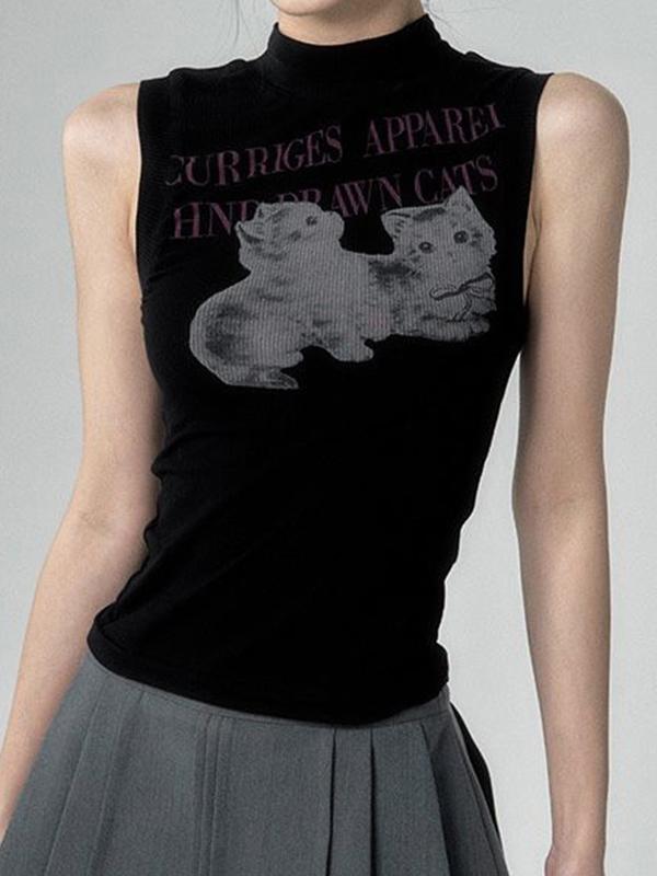 Cat Print Mock Neck Tank Top Product Image