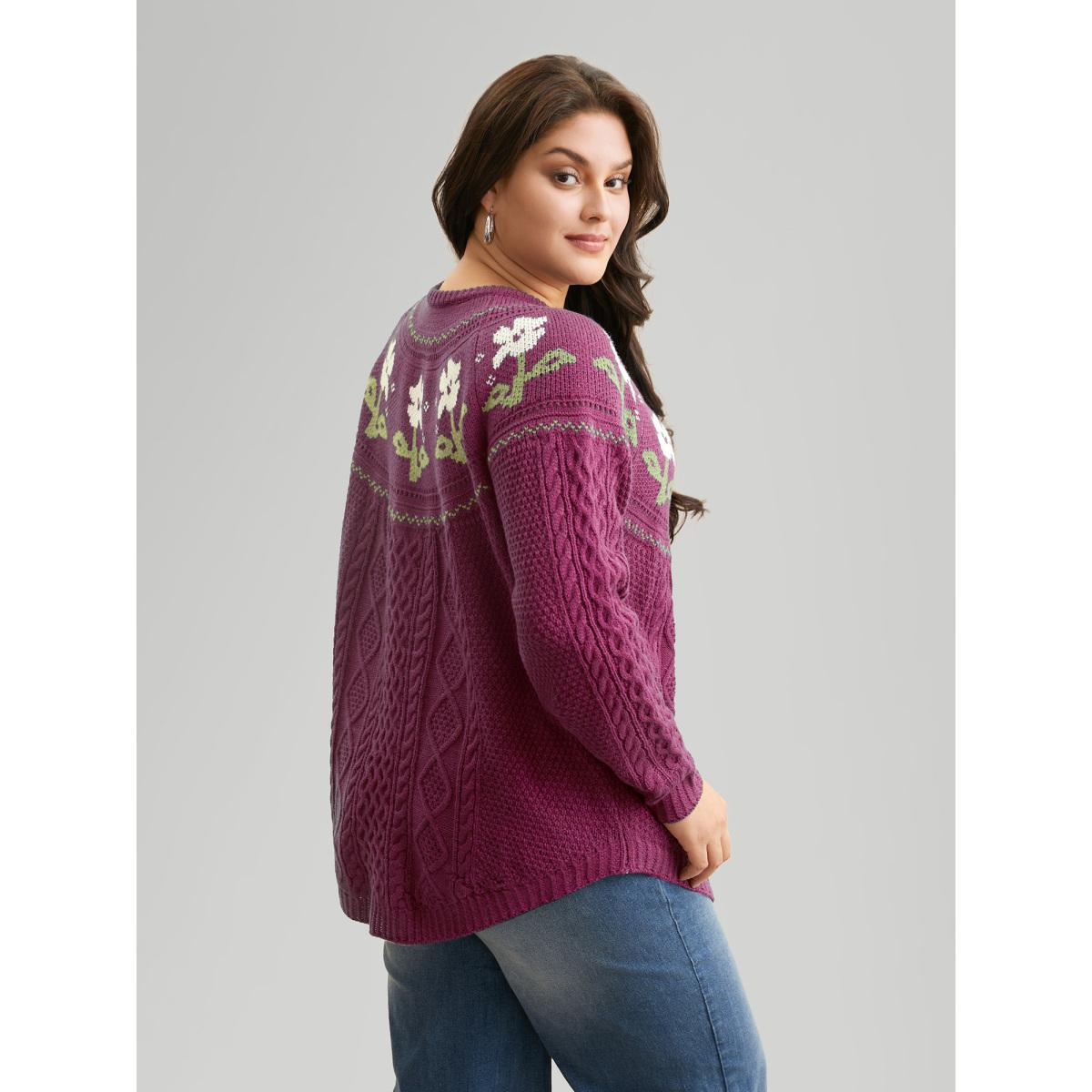 Plus Size Floral Jacquard Raglan Sleeve Pullover RedViolet Women Casual Long Sleeve Round Neck Everyday Pullovers BloomChic 18-20/2X Product Image