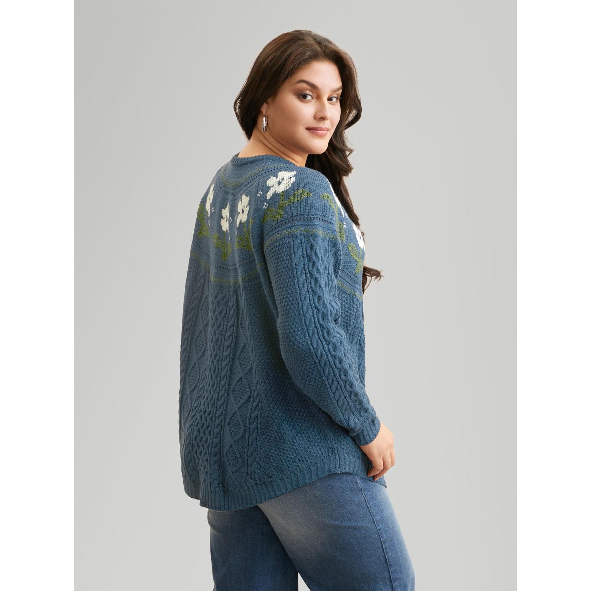 Plus Size Floral Jacquard Raglan Sleeve Pullover Cerulean Women Leisure Long Sleeve Round Neck Casual Pullovers BloomChic 26/4X Product Image