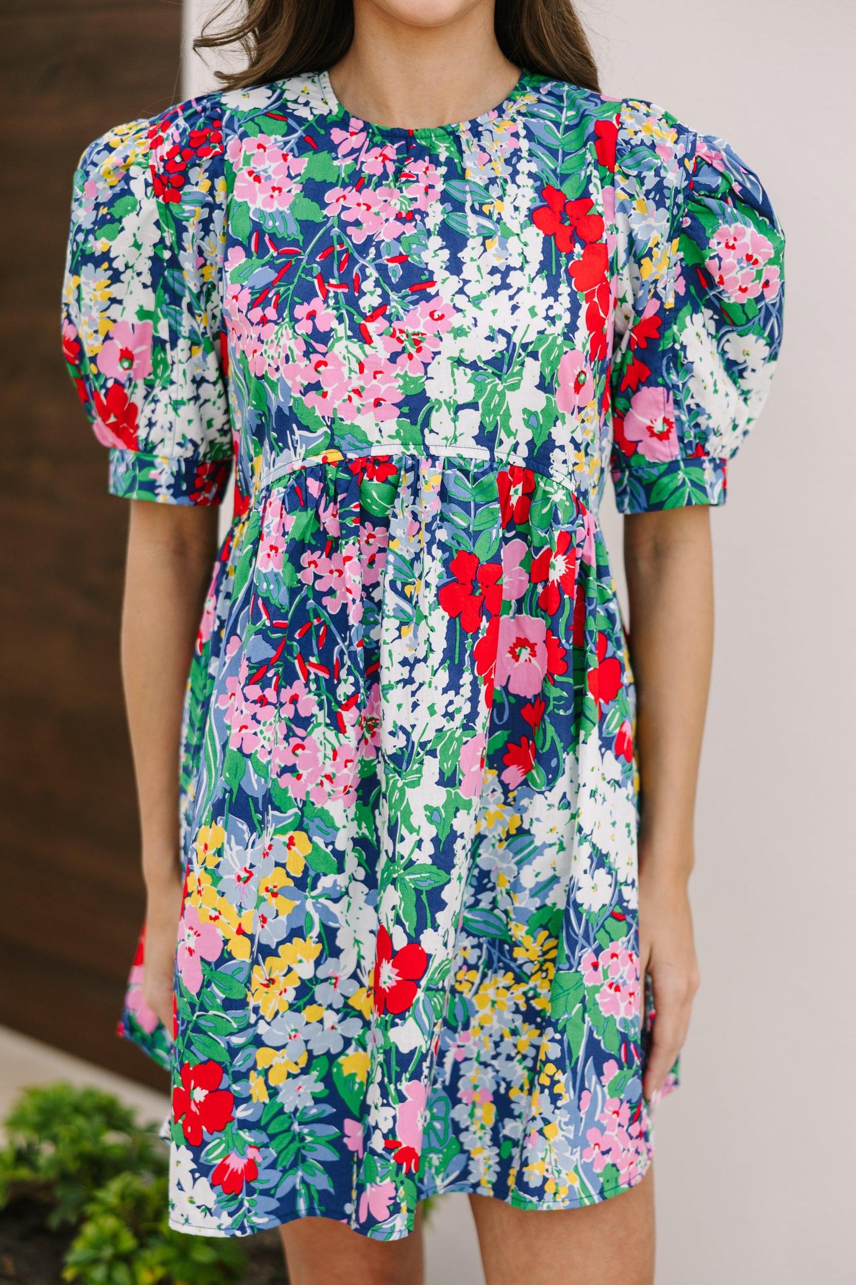 So Thankful Navy Blue Floral Babydoll Dress Female Product Image