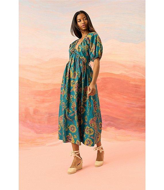 The Good Journey Double V Back Puff Sleeve Floral Print Cotton Poplin A-Line Midi Dress Product Image