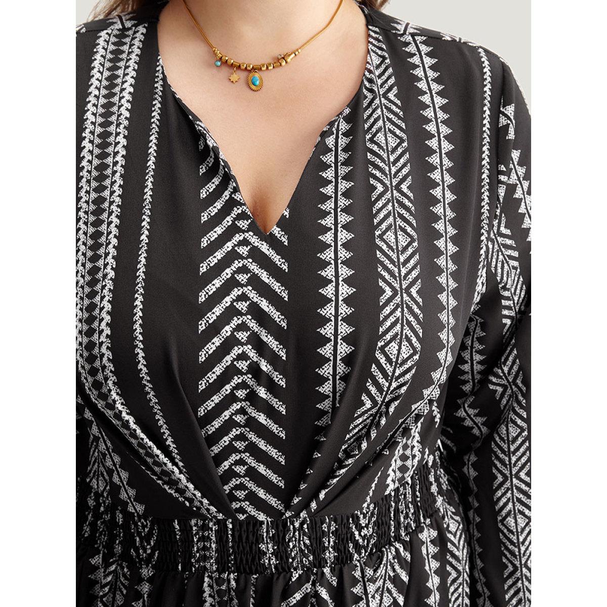 Plus Size Striped Boho Print Shirred Split Hem Dress Black Women Resort Elastic cuffs Notched collar Long Sleeve Curvy Midi Dress BloomChic 10/M Product Image