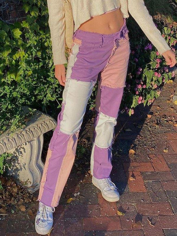 Pastel Patchwork Denim Boyfriend Jeans Product Image