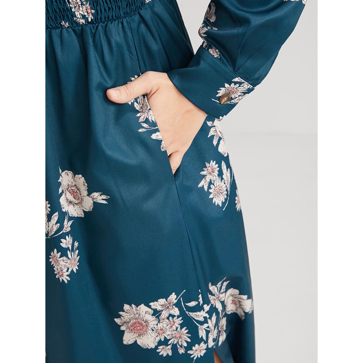 Plus Size Floral Button Up Pocket Split Shirred Shirt Collar Dress Aegean Women Elegant Printed Shirt collar Long Sleeve Curvy Midi Dress BloomChic 14-16/1X Product Image