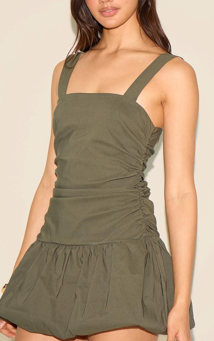  Khaki Strappy Ruched Puffball Dress Product Image