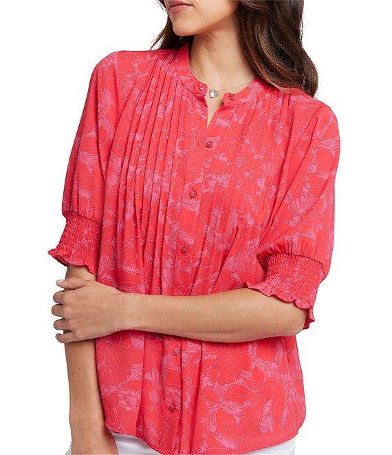 NYDJ Woven Printed Round Neck Pleated Short Smocked Sleeve Top Product Image