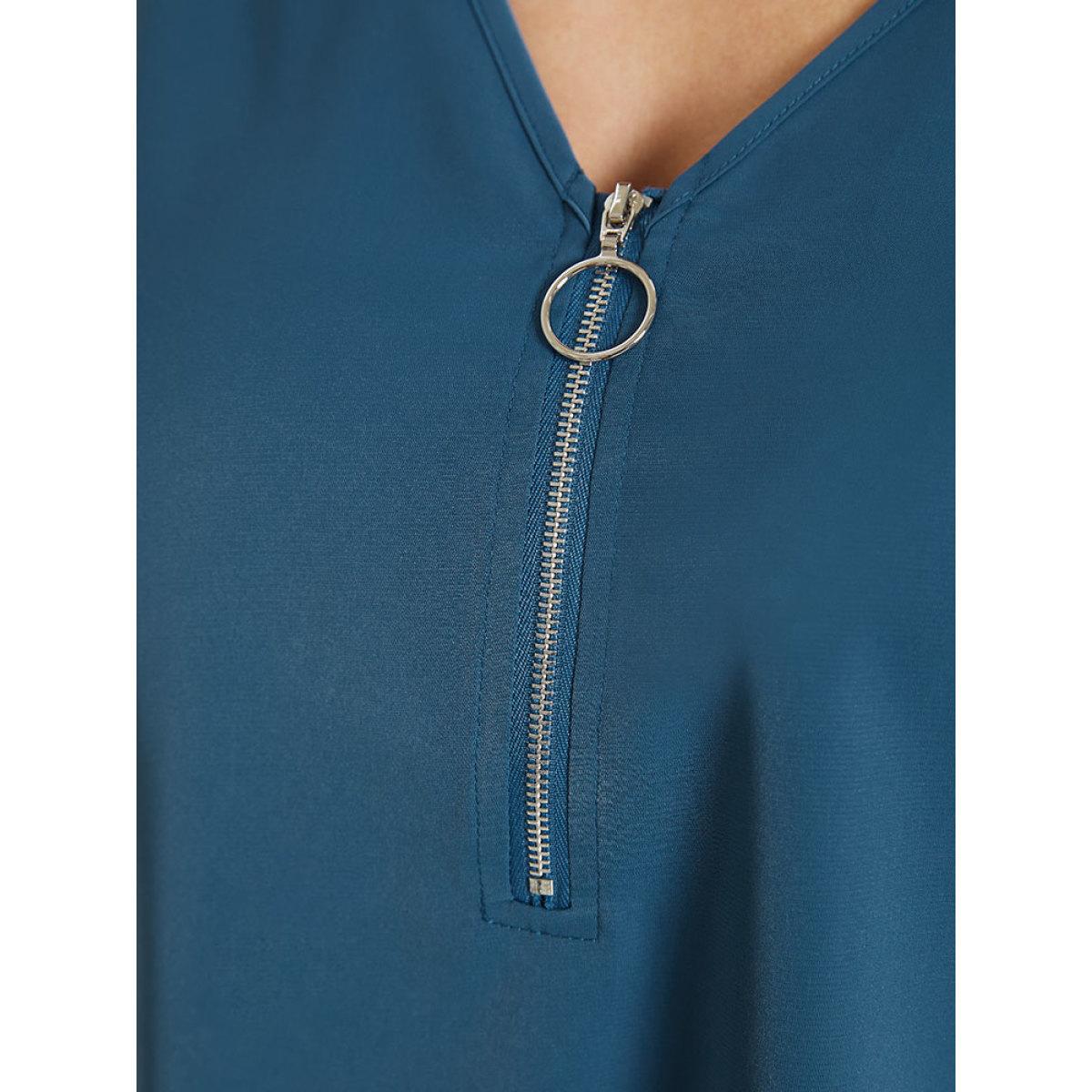 Plus Size Cerulean Solid Half Zipper Split Petal Sleeve Blouse Women Office Half Sleeve V-neck Work Blouses BloomChic 14-16/1X Product Image