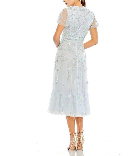 Mac Duggal Beaded Crew Neck Short Sleeve A-Line Midi Dress Product Image