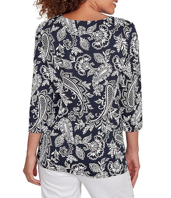 Ruby Rd. Petite Size Jacobean Print Scoop Neck 3/4 Sleeve Top Product Image