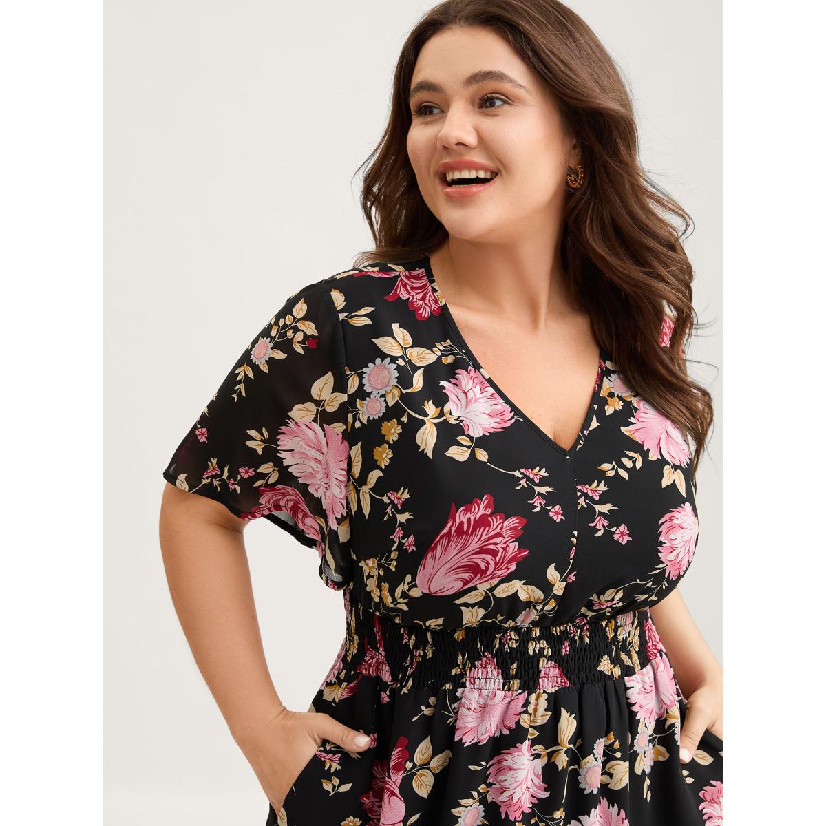 Plus Size Sweet Floral Shirred Waist Cinched Midi Dress Black Women Romantic V-neck Short sleeve Curvy BloomChic 14-16/1X Product Image