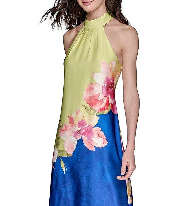 KARL LAGERFELD PARIS Halter Neck Charmeuse Floral Print Slip Midi Dress Product Image